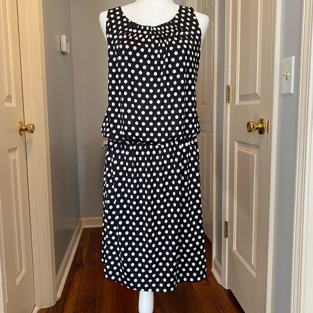 Essentials by Milano Black and White Polka Dot Sleeveless Midi Dress